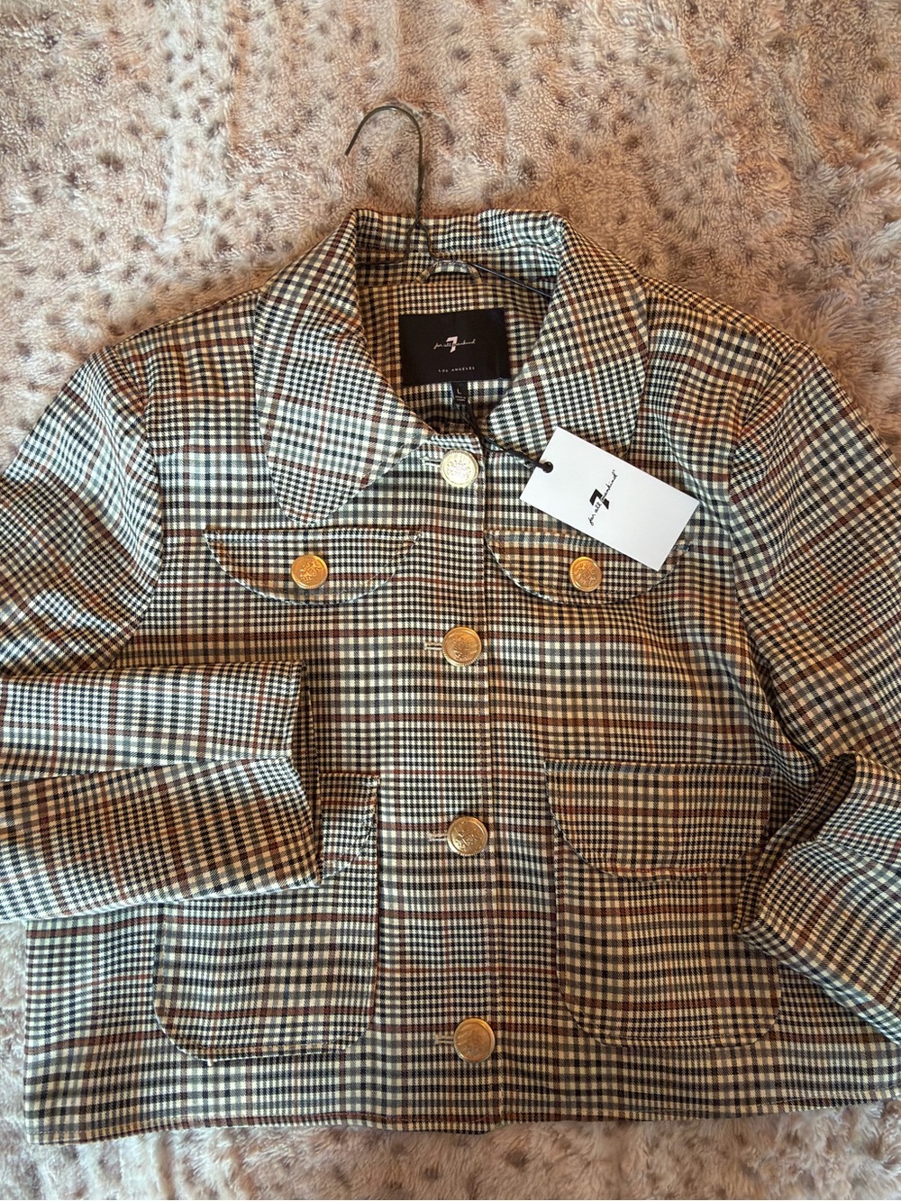 NWT 7 for All Mankind Checked Cropped Jacket in Brown/Black